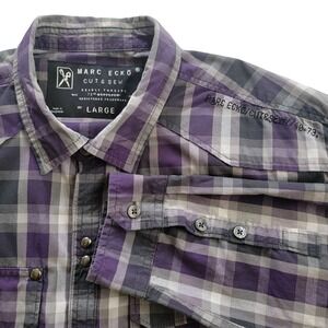 Marc Ecko Cut and Sew Large Blue Green Logo‎ Long Sleeve Plaid Brass Snap Y2K
